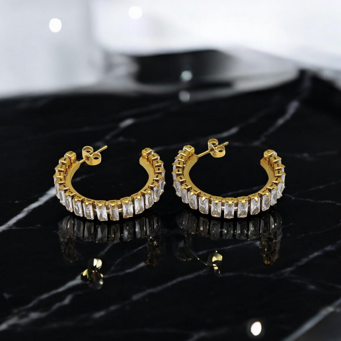 Baguette Cut White CZ Galaxy Hoop Earrings